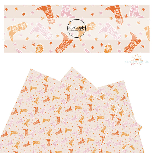 Western themed cowgirl boots in orange, light orange, and pink with tiny stars on cream faux leather sheets.
