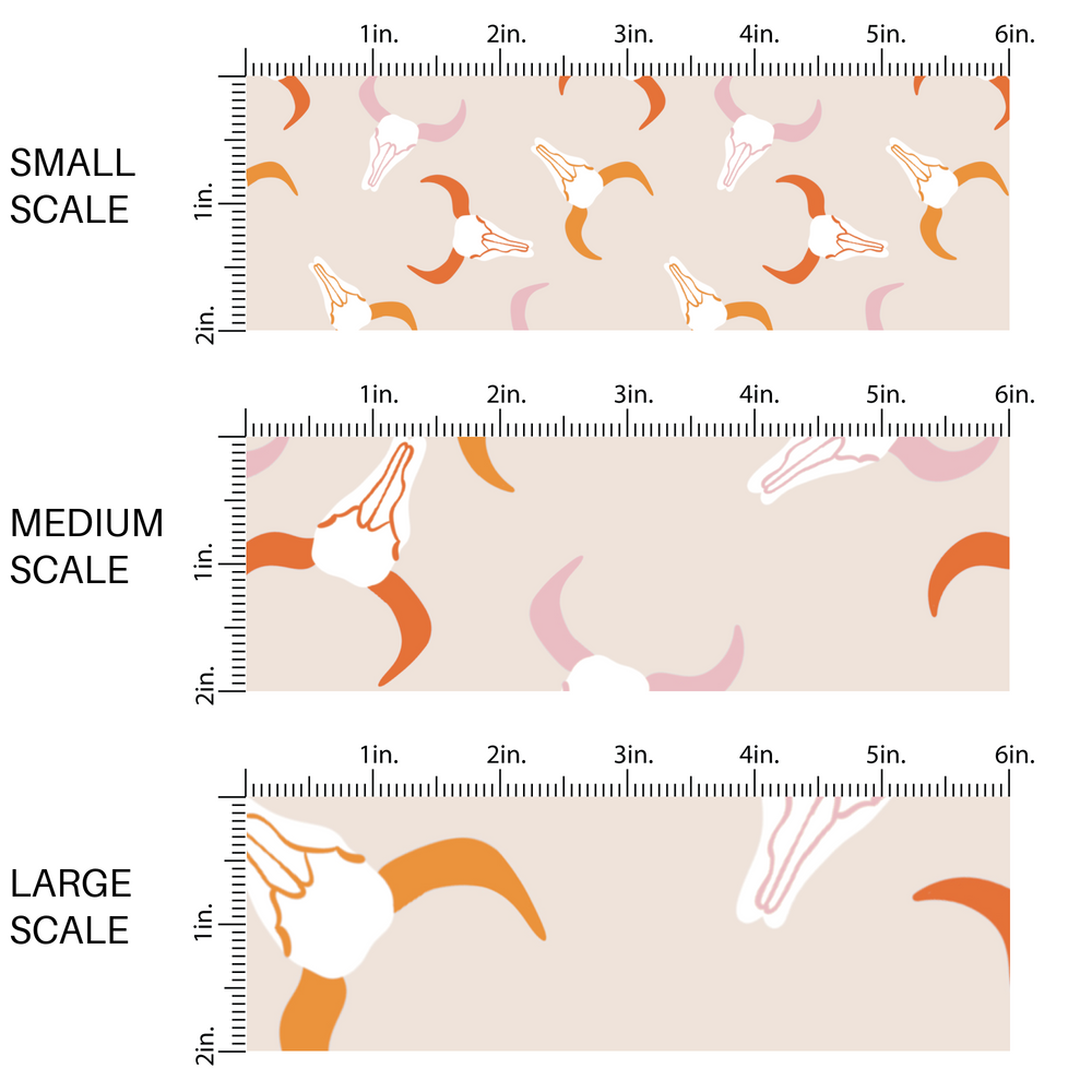 This chart shows small scale, medium scale, and large scale of western themed pink and orange longhorns fabric by the yard. 