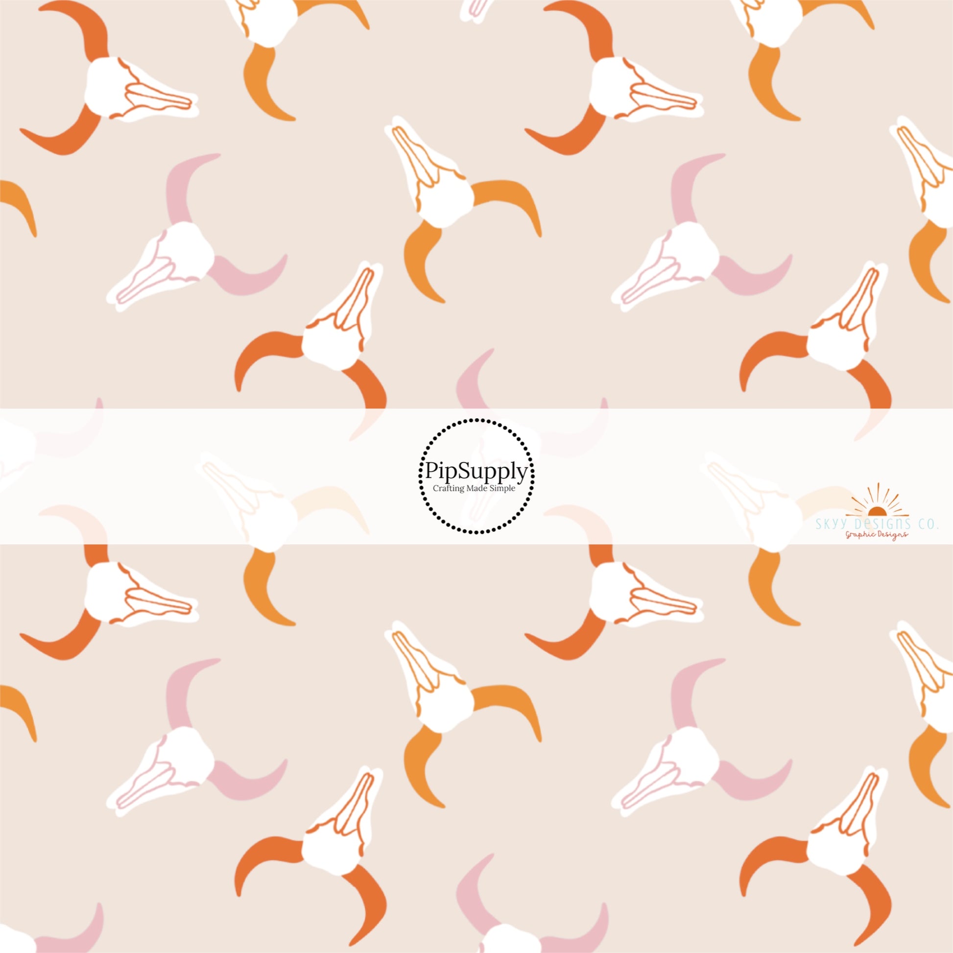 Western themed pink and orange longhorns fabric by the yard. 