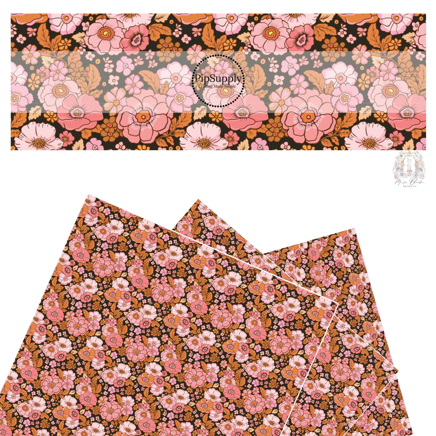 Pink and orange floral on black faux leather sheets