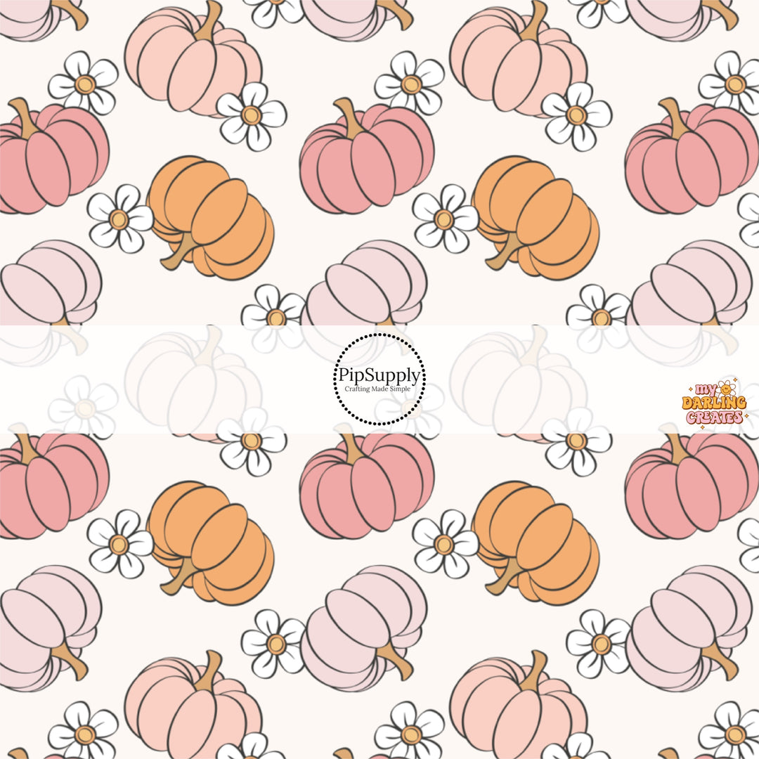 Scattered pumpkins and flowers on cream hair bow strips