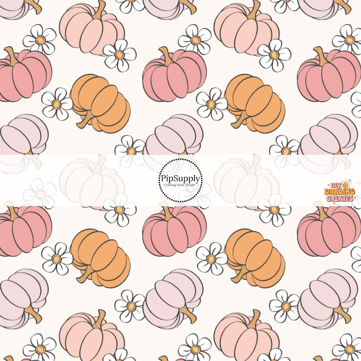 Scattered pumpkins and flowers on cream hair bow strips