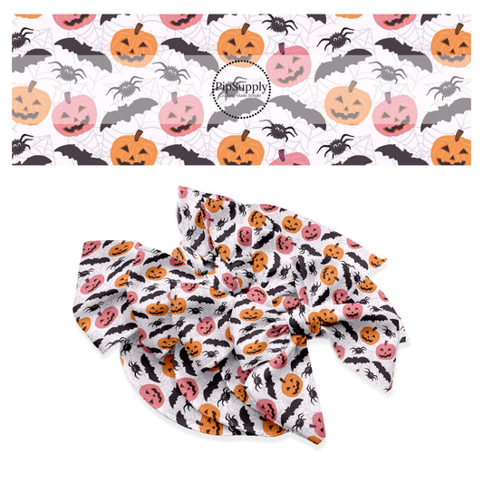 Spider webs, spiders, pumpkins, and bats on white hair bow strips