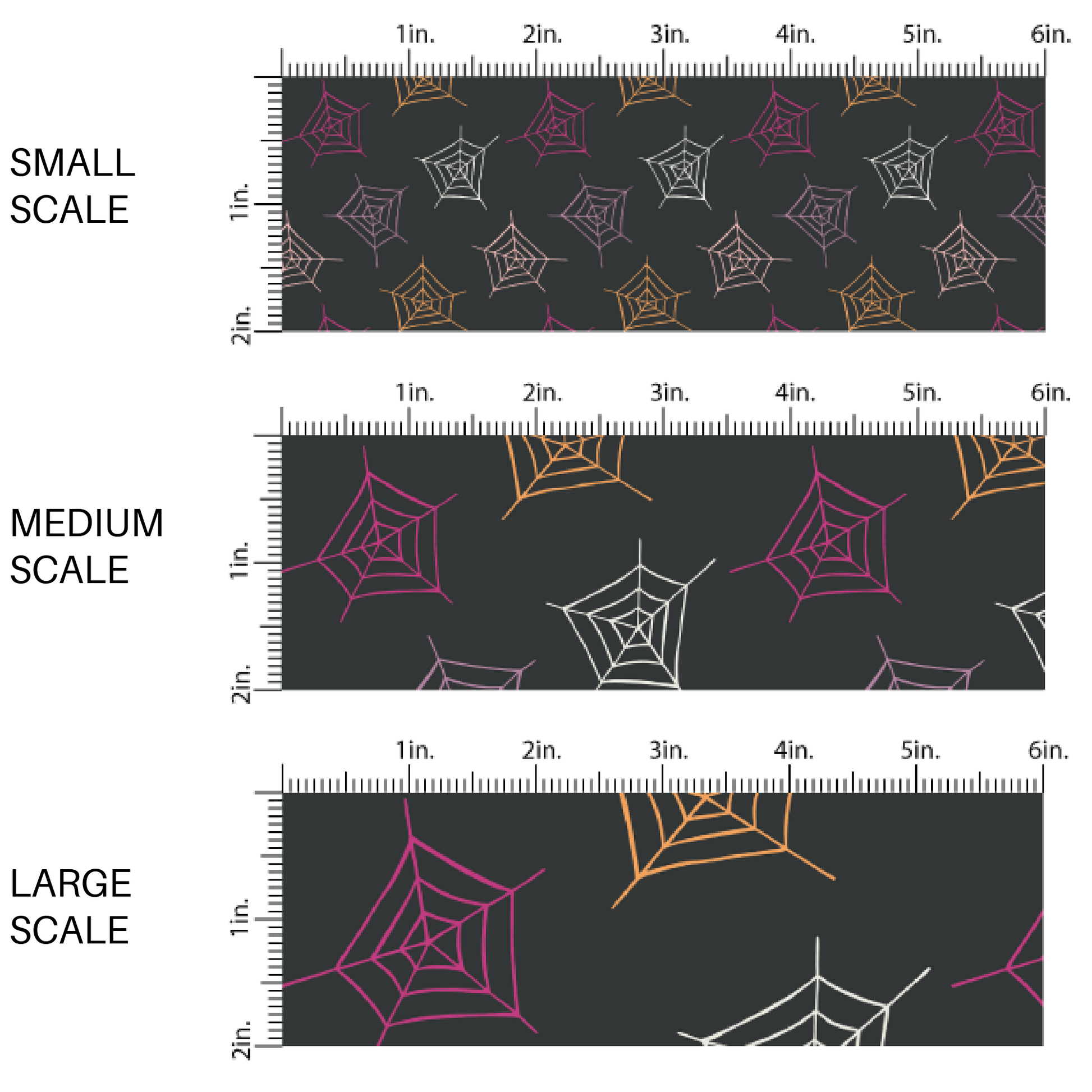 This scale chart of small scale, medium scale, and large scale of these Halloween themed black fabric by the yard features white, light pink, dark pink and orange spiderwebs on black. This fun spooky themed fabric can be used for all your sewing and crafting needs! 