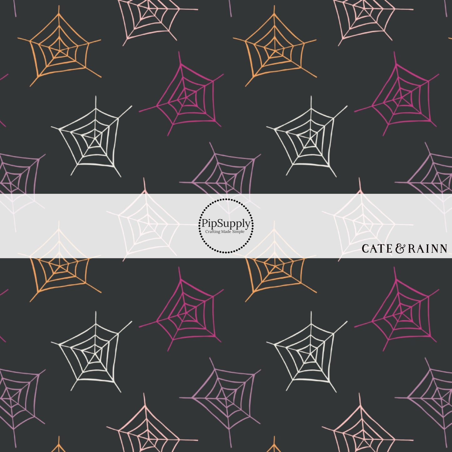 These Halloween themed black fabric by the yard features white, light pink, dark pink and orange spiderwebs on black. This fun spooky themed fabric can be used for all your sewing and crafting needs! 