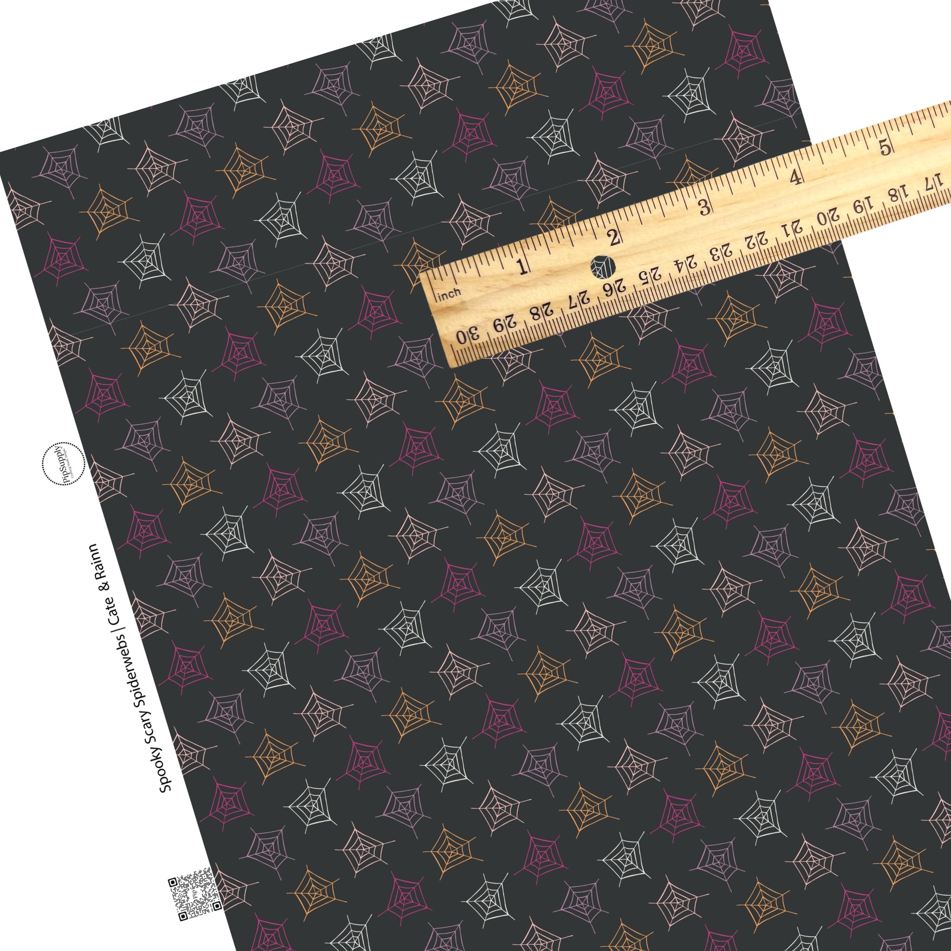 These Halloween themed black faux leather sheets contain the following design elements: white, light pink, dark pink, and orange spiderwebs on black. Our CPSIA compliant faux leather sheets or rolls can be used for all types of crafting projects.