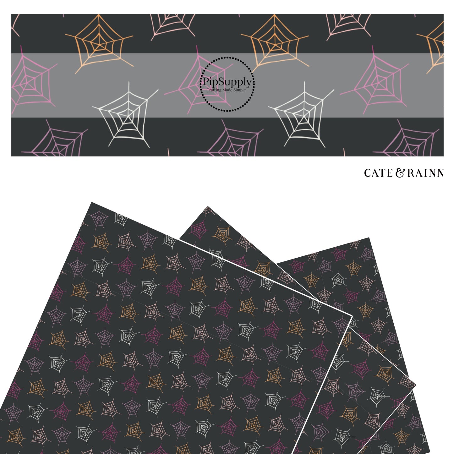 These Halloween themed black faux leather sheets contain the following design elements: white, light pink, dark pink, and orange spiderwebs on black. Our CPSIA compliant faux leather sheets or rolls can be used for all types of crafting projects.