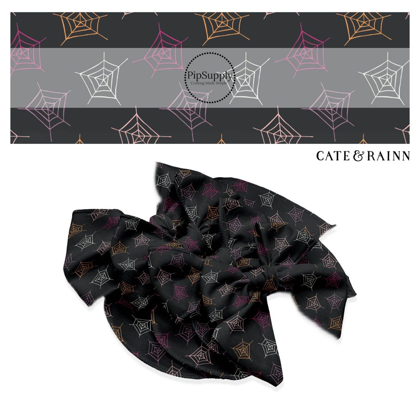 These Halloween themed black no sew bow strips can be easily tied and attached to a clip for a finished hair bow. These fun spooky bow strips are great for personal use or to sell. The bow stripes features white, light pink, dark pink and orange spiderwebs on black.