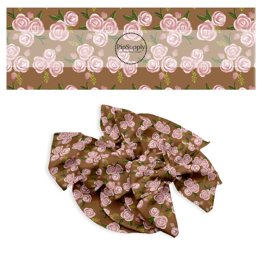 These spring no sew bow strips can be easily tied and attached to a clip for a finished hair bow. These bow strips are great for personal use or to sell. These bow strips feature the following design elements: spring pink roses on brown.