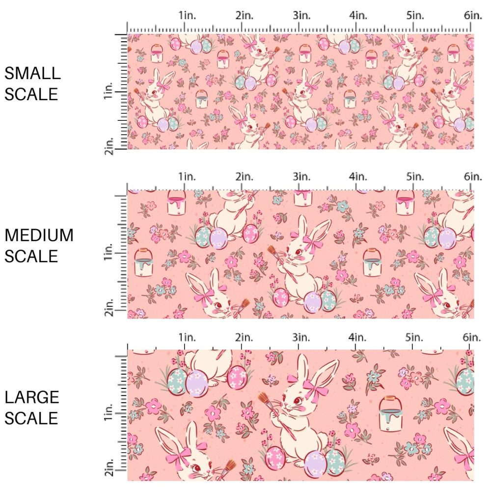 This Easter themed fabric by the yard features Easter bunnies painting Easter eggs on pink. This fun pattern fabric can be used for all your sewing and crafting needs!