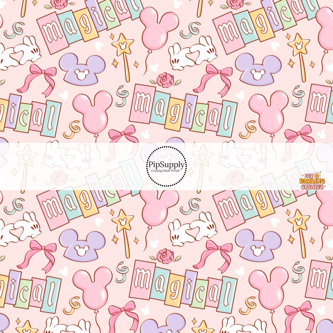This high-quality fabric by the yard features balloons, hats, and magical wands. This fun patterned fabric can be used for all your sewing and crafting needs!