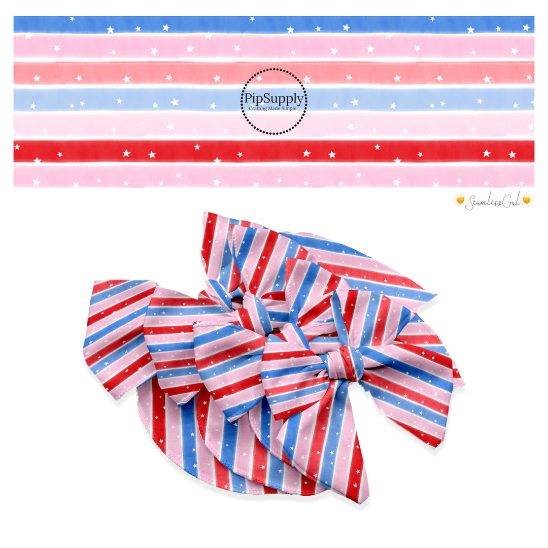 These 4th of July themed no sew bow strips can be easily tied and attached to a clip for a finished hair bow. These patterned bow strips are great for personal use or to sell. These bow strips feature patriotic red, white, blue, and pink stripes with tiny white stars.