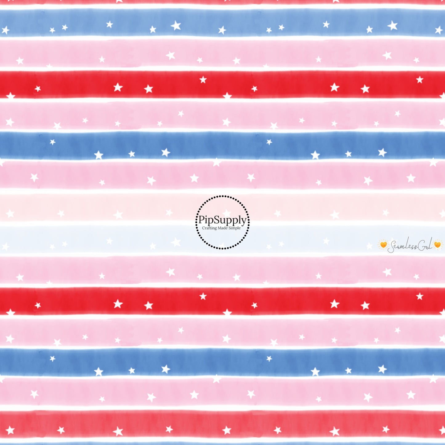 These 4th of July themed no sew bow strips can be easily tied and attached to a clip for a finished hair bow. These patterned bow strips are great for personal use or to sell. These bow strips feature patriotic red, white, blue, and pink stripes with tiny white stars.