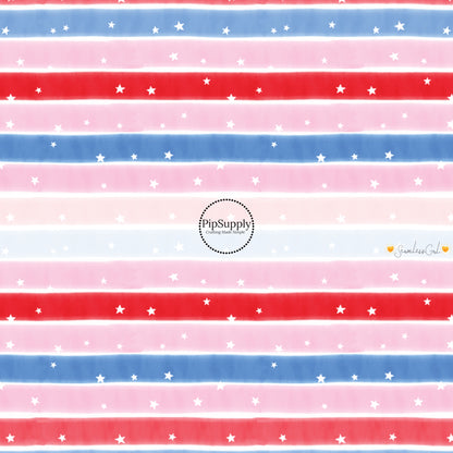 These 4th of July themed no sew bow strips can be easily tied and attached to a clip for a finished hair bow. These patterned bow strips are great for personal use or to sell. These bow strips feature patriotic red, white, blue, and pink stripes with tiny white stars.