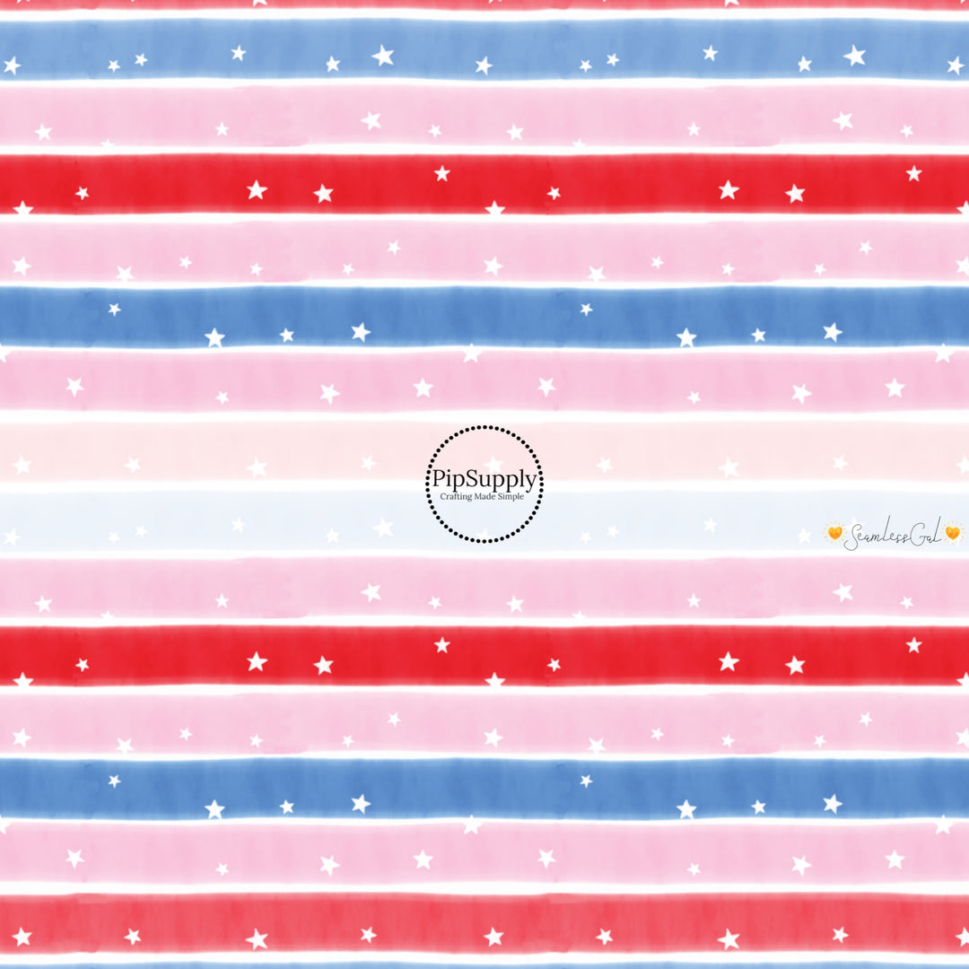 These 4th of July themed no sew bow strips can be easily tied and attached to a clip for a finished hair bow. These patterned bow strips are great for personal use or to sell. These bow strips feature patriotic red, white, blue, and pink stripes with tiny white stars.