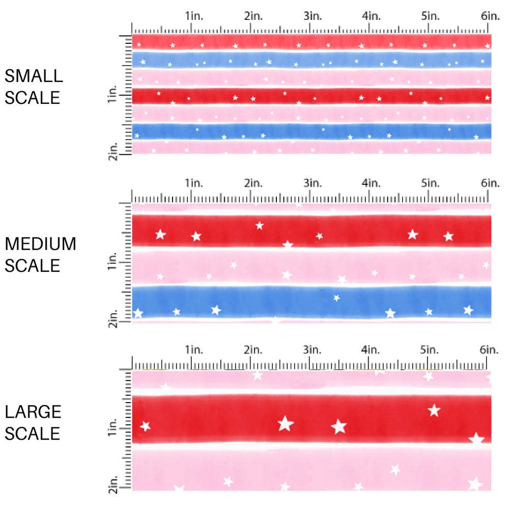 This scale chart of small scale, medium scale, and large scale of this 4th of July fabric by the yard features patriotic red, white, blue, and pink stripes with tiny white stars. This fun patriotic themed fabric can be used for all your sewing and crafting needs!