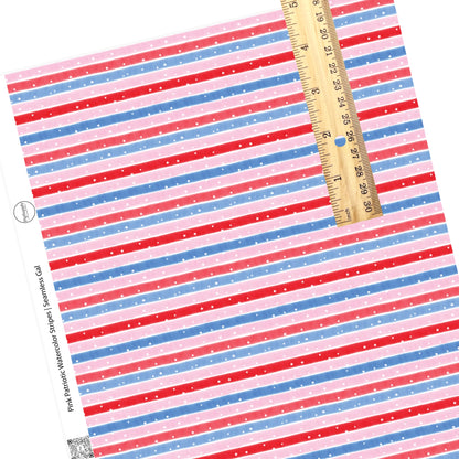 These 4th of July faux leather sheets contain the following design elements: patriotic red, blue, white, and pink stripes with tiny white stars. Our CPSIA compliant faux leather sheets or rolls can be used for all types of crafting projects.