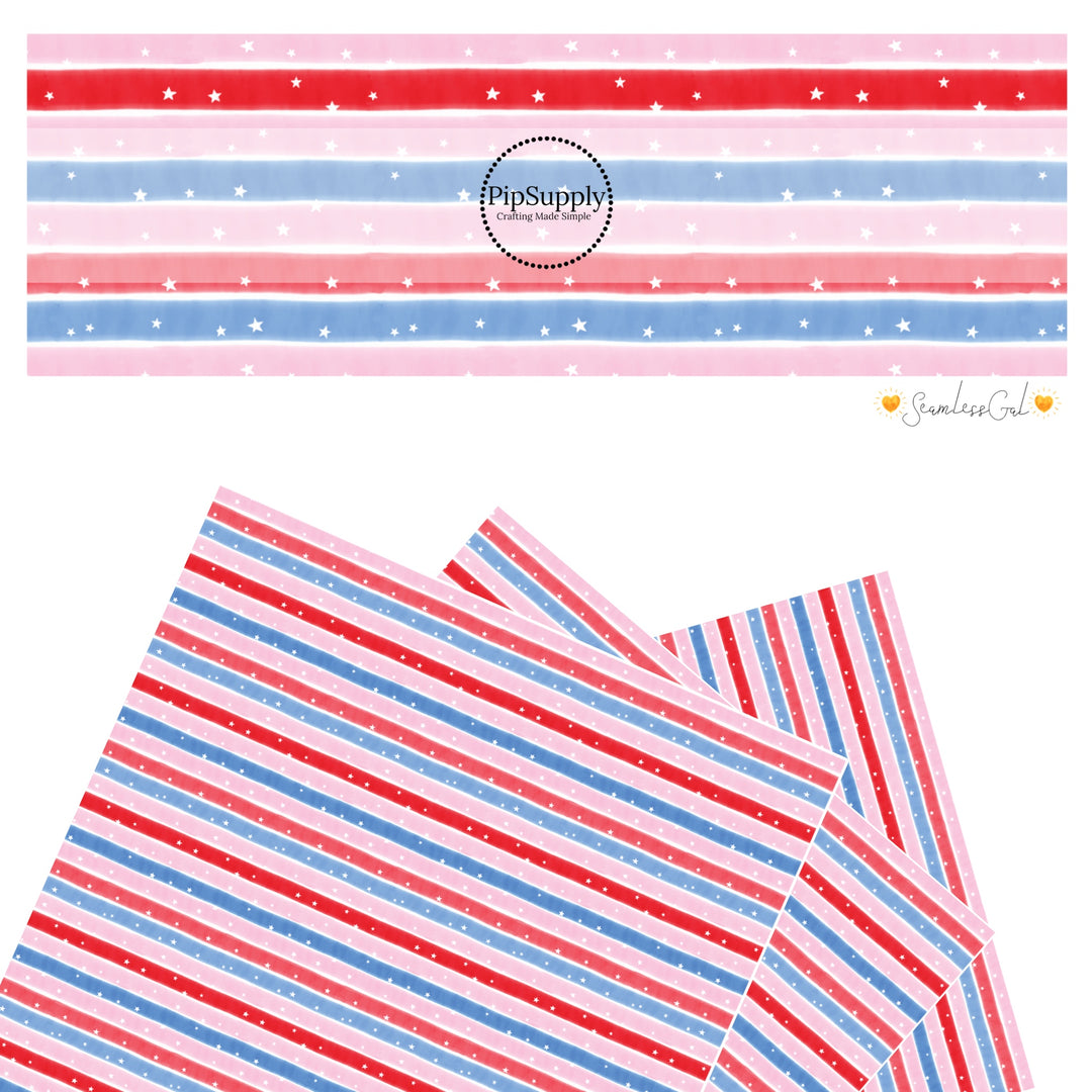 These 4th of July faux leather sheets contain the following design elements: patriotic red, blue, white, and pink stripes with tiny white stars. Our CPSIA compliant faux leather sheets or rolls can be used for all types of crafting projects.