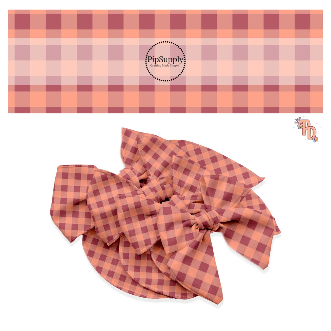 Mauve with peach plaid hair bow strips