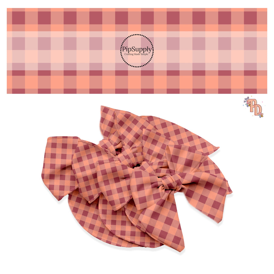 Mauve with peach plaid hair bow strips