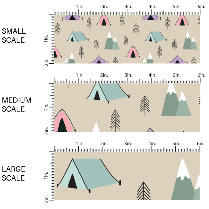 This scale chart of small scale, medium scale, and large scale of these camping outdoor light tan fabric by the yard features pine trees, mountains pink, purple, and blue tents on light tan. This fun camping themed fabric can be used for all your sewing and crafting needs! 