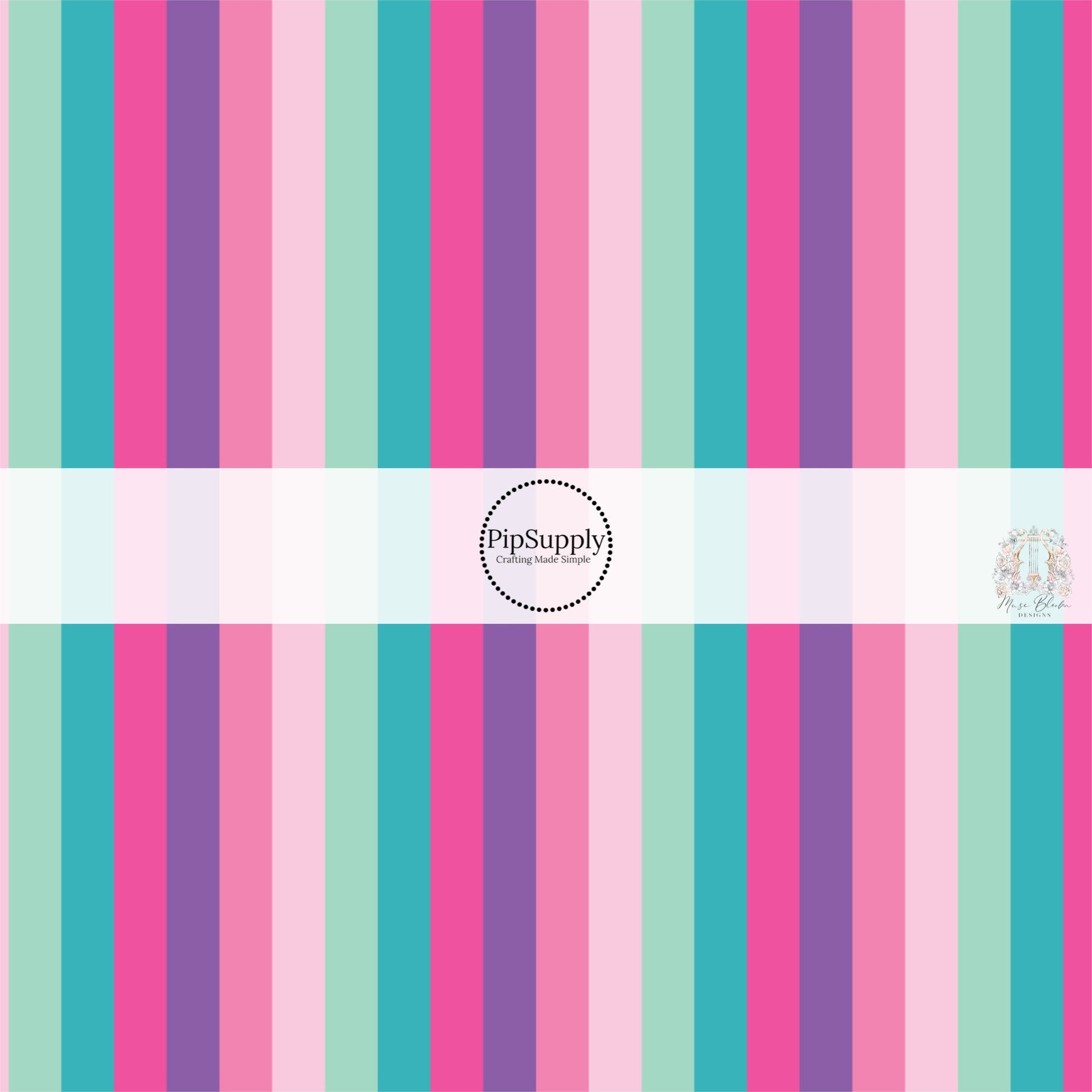 These stripe themed teal and pink fabric by the yard features purple, pink, and teal stripes.