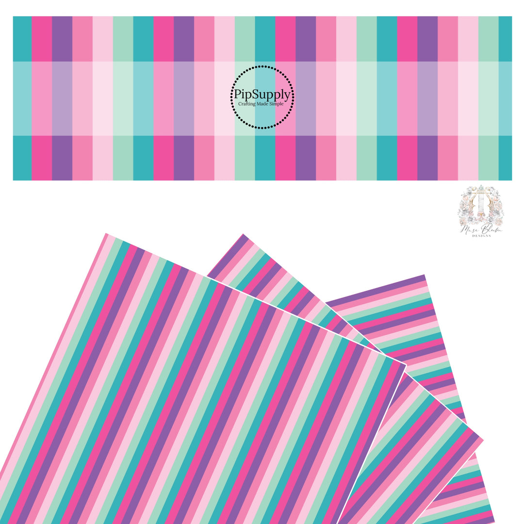 These stripe themed teal and pink faux leather sheets contain the following design elements: purple, pink, and teal stripes.