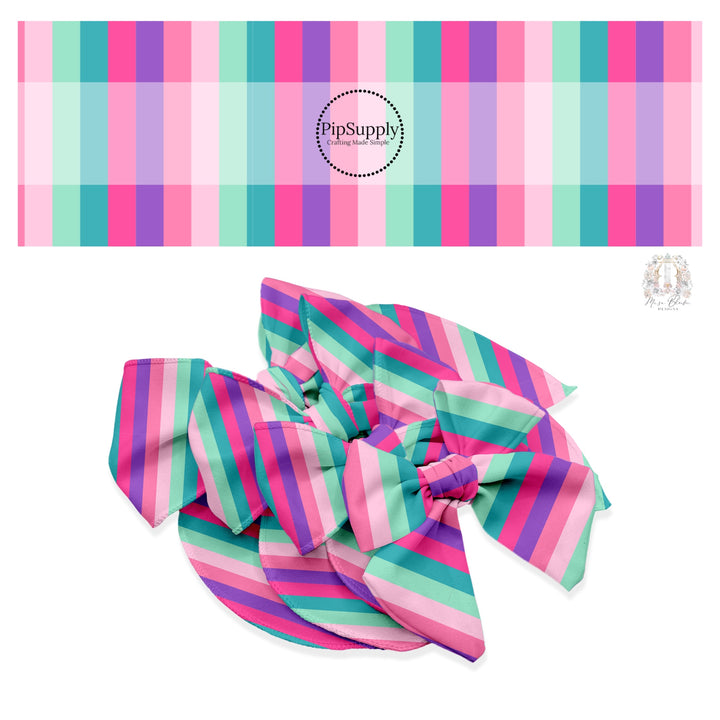 These stripe themed teal and pink no sew bow strips can be easily tied and attached to a clip for a finished hair bow. These fun striped themed bow strips features purple, pink, and teal stripes are great for personal use or to sell.