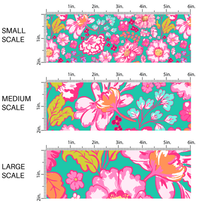 This scale chart of small scale, medium scale, and large scale of these floral themed teal fabric by the yard features hot pink, orange, aqua, and light pink flowers on teal. This fun summer floral themed fabric can be used for all your sewing and crafting needs! 