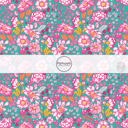These floral themed teal no sew bow strips can be easily tied and attached to a clip for a finished hair bow. These fun summer floral themed bow strips features hot pink, orange, aqua, and light pink flowers on teal are great for personal use or to sell.