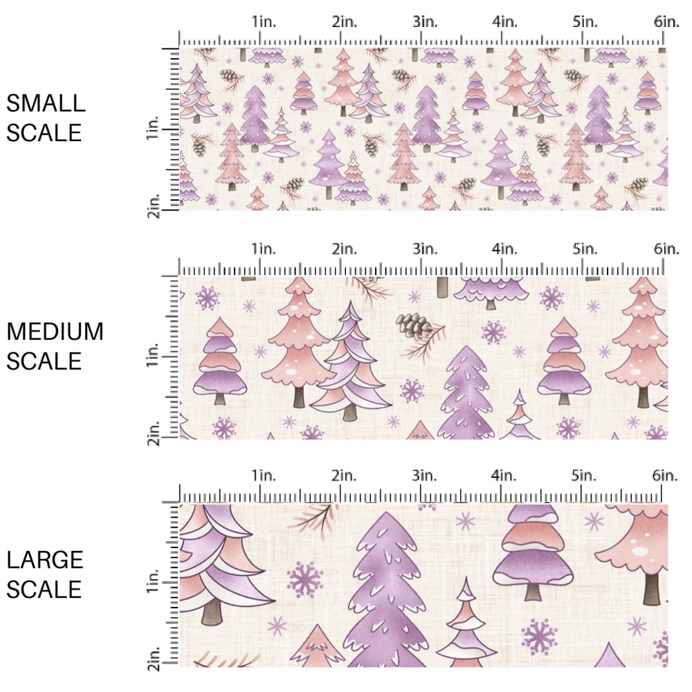 These winter themed pattern fabric by the yard features the following design elements: pink and purple winter trees. This fun themed fabric can be used for all your sewing and crafting needs!