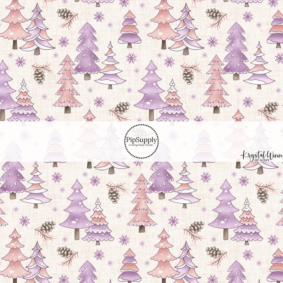 These winter themed pattern fabric by the yard features the following design elements: pink and purple winter trees. This fun themed fabric can be used for all your sewing and crafting needs!