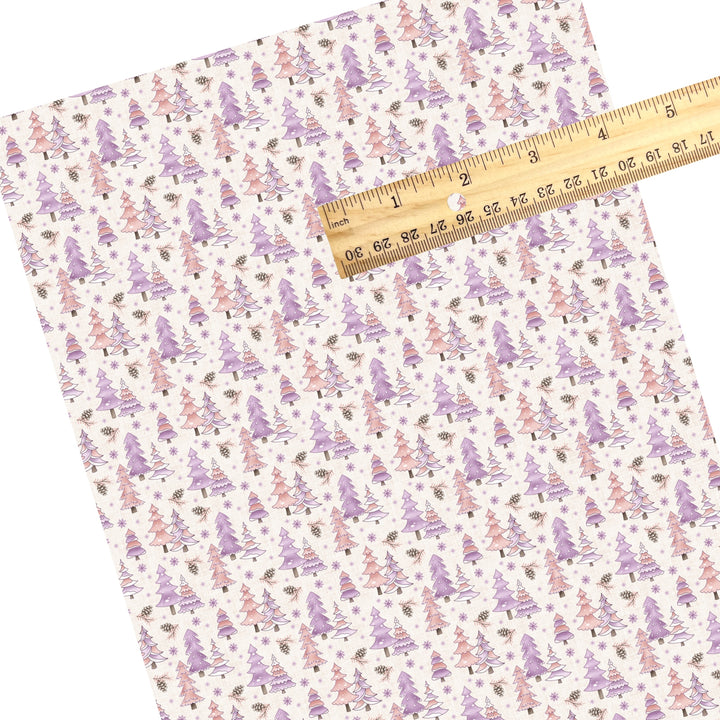 These winter themed pattern faux leather sheets contain the following design elements: pink and purple winter trees. Our CPSIA compliant faux leather sheets or rolls can be used for all types of crafting projects.