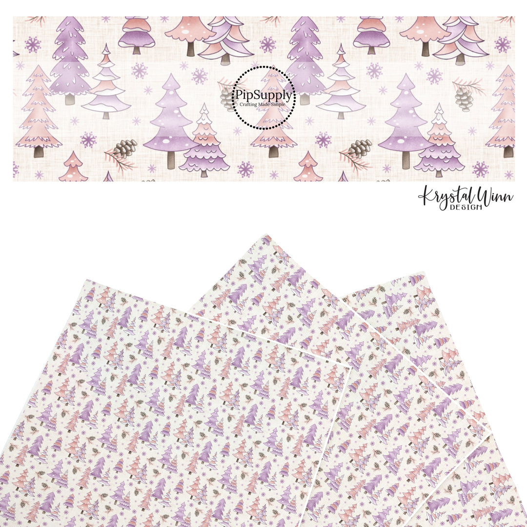 These winter themed pattern faux leather sheets contain the following design elements: pink and purple winter trees. Our CPSIA compliant faux leather sheets or rolls can be used for all types of crafting projects.