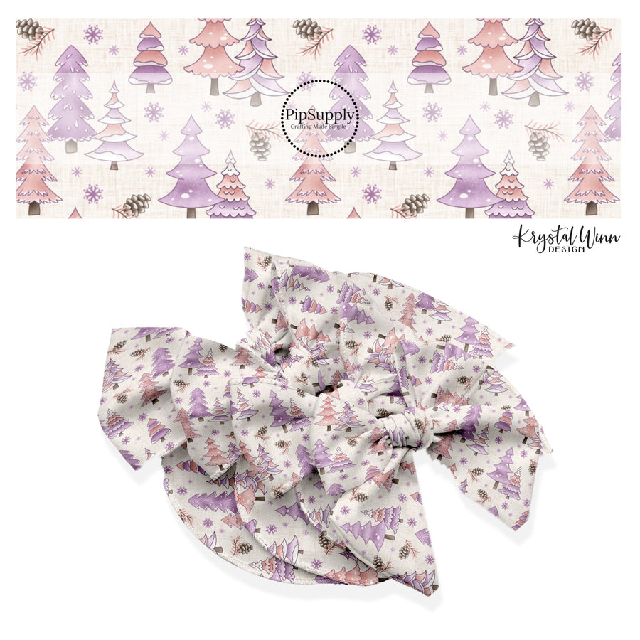 These winter themed no sew bow strips can be easily tied and attached to a clip for a finished hair bow. These fun patterned bow strips are great for personal use or to sell. These bow strips feature the following design elements: pink and purple winter trees.