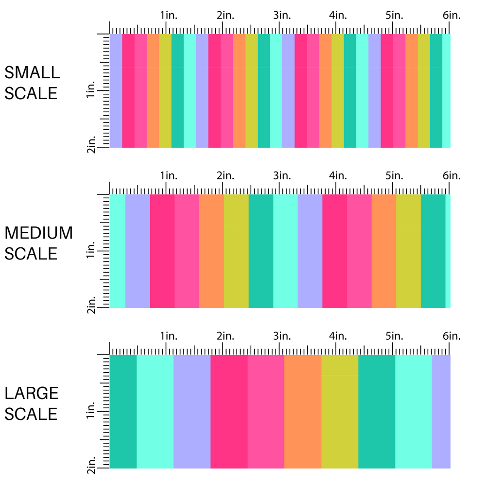 This scale chart of small scale, medium scale, and large scale of these bright stripe themed fabric by the yard features yellow, orange, purple, teal, and pink stripes.