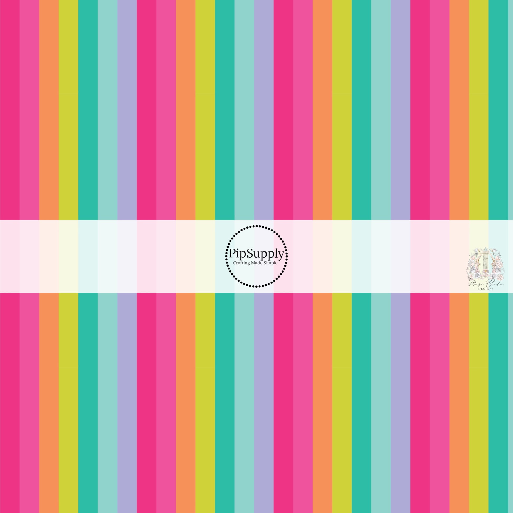 These bright stripe themed fabric by the yard features yellow, orange, purple, teal, and pink stripes.