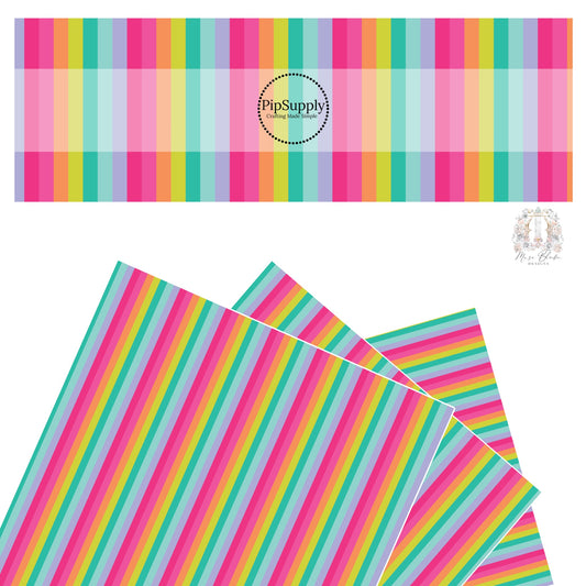 These bright stripe themed faux leather sheets contain the following design elements: yellow, orange, purple, pink, and teal stripes. 
