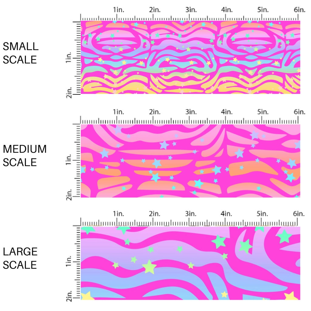 This scale chart of small scale, medium scale, and large scale of this animal fabric by the yard features pink rainbow zebra pattern. This fun themed fabric can be used for all your sewing and crafting needs!