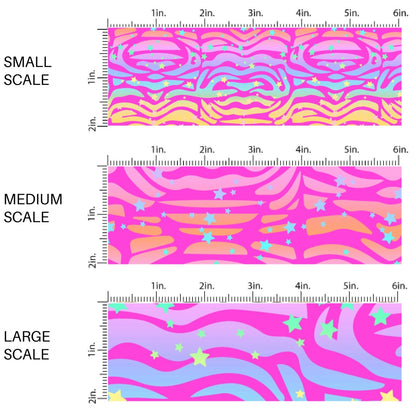 This scale chart of small scale, medium scale, and large scale of this animal fabric by the yard features pink rainbow zebra pattern. This fun themed fabric can be used for all your sewing and crafting needs!