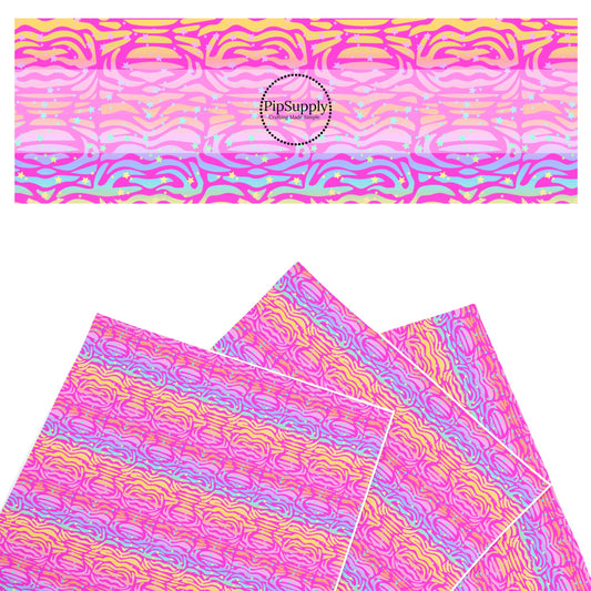 These animal faux leather sheets contain the following design elements: pink rainbow zebra pattern. Our CPSIA compliant faux leather sheets or rolls can be used for all types of crafting projects.