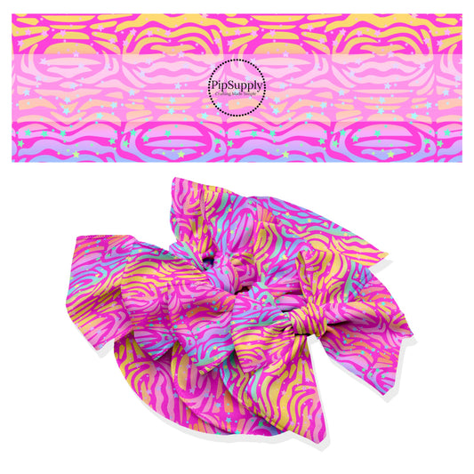 These animal themed no sew bow strips can be easily tied and attached to a clip for a finished hair bow. These animal patterned bow strips are great for personal use or to sell. These bow strips feature pink rainbow zebra pattern.
