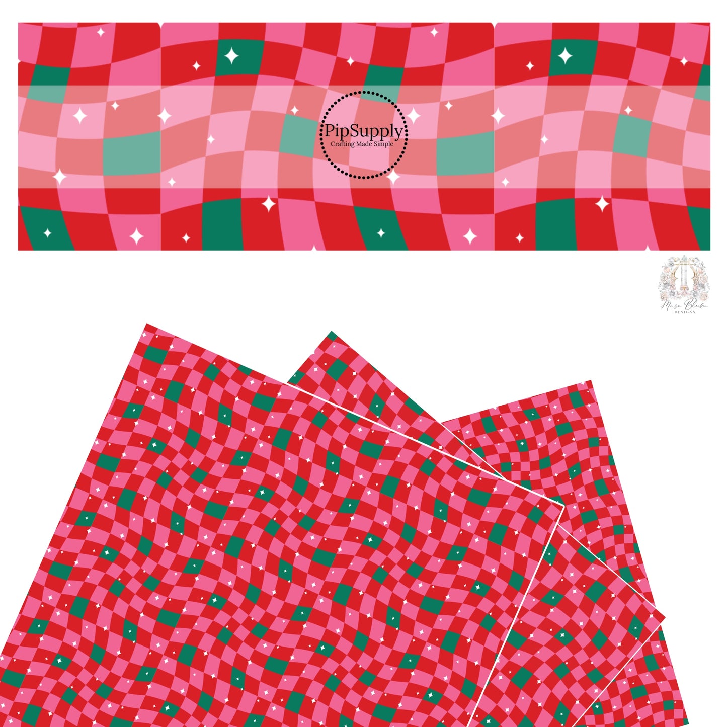 White stars on pink and red checker with green tiles faux leather sheets