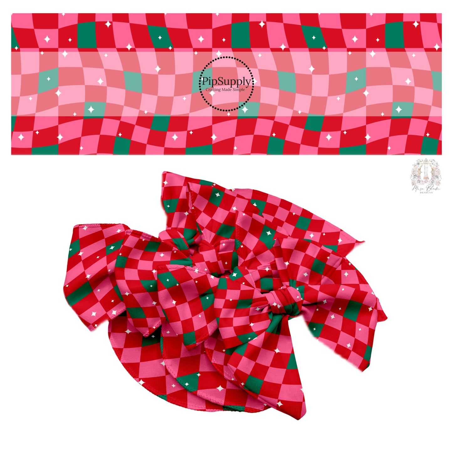 White stars on pink, red, and green checkered hair bow strips