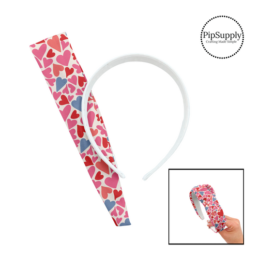 Blue, pink, and red multi hearts on white knotted headband kit