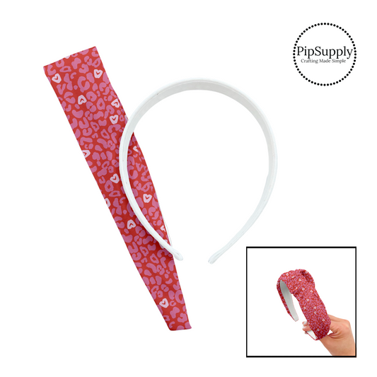 Pink and white heart leopard print on red knotted headband kit