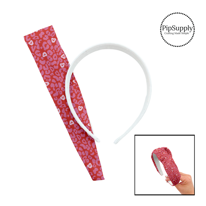 Pink and white heart leopard print on red knotted headband kit