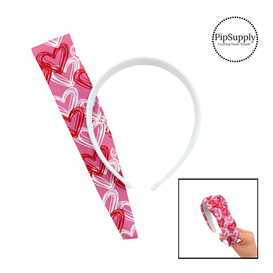 Drawn white and red hearts on pink knotted headband kit