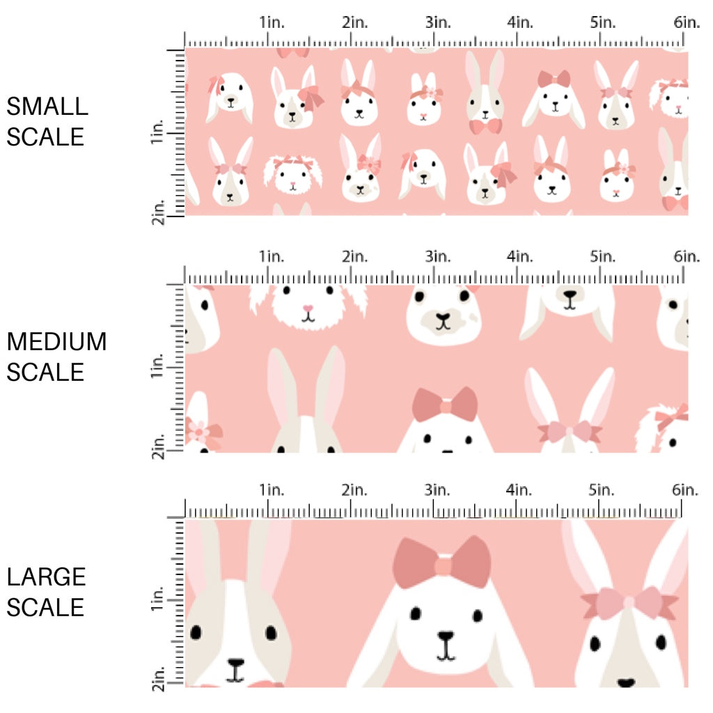 This scale chart of small scale, medium scale, and large scale of this summer fabric by the yard features bunnies with bows on pink. This fun themed fabric can be used for all your sewing and crafting needs!