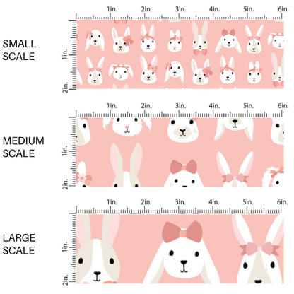 This scale chart of small scale, medium scale, and large scale of this summer fabric by the yard features bunnies with bows on pink. This fun themed fabric can be used for all your sewing and crafting needs!